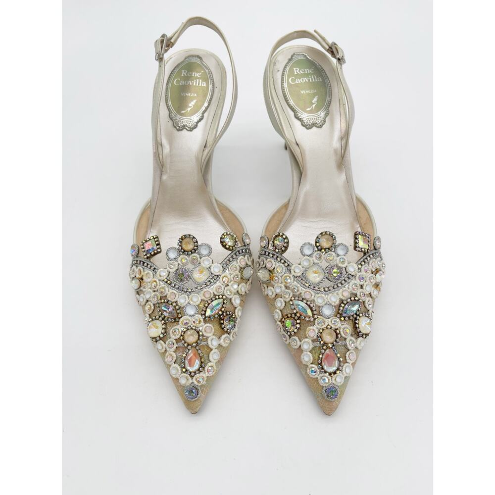 René Caovilla Veneziana Iridescent Shimmer Lace Crystal Slingback Heels IT 38 - Picture 6 of 16